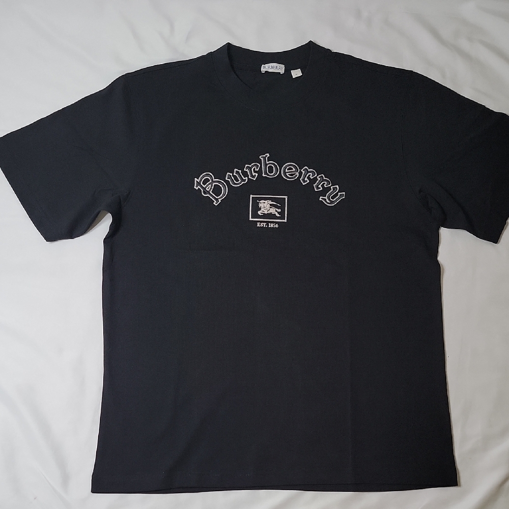 Burberry Black Short-Sleeve Logo Tee with White Embroidery